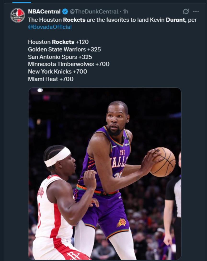 難道說？美媒曬杜蘭特下家賠率，火箭大幅度領(lǐng)跑！